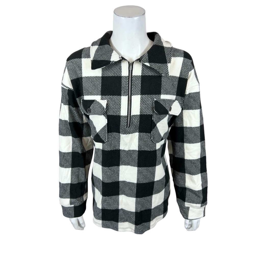 Cuddl Duds Flannel Fleece Half-Zip Pullover Shacket Top Black Check Large Size